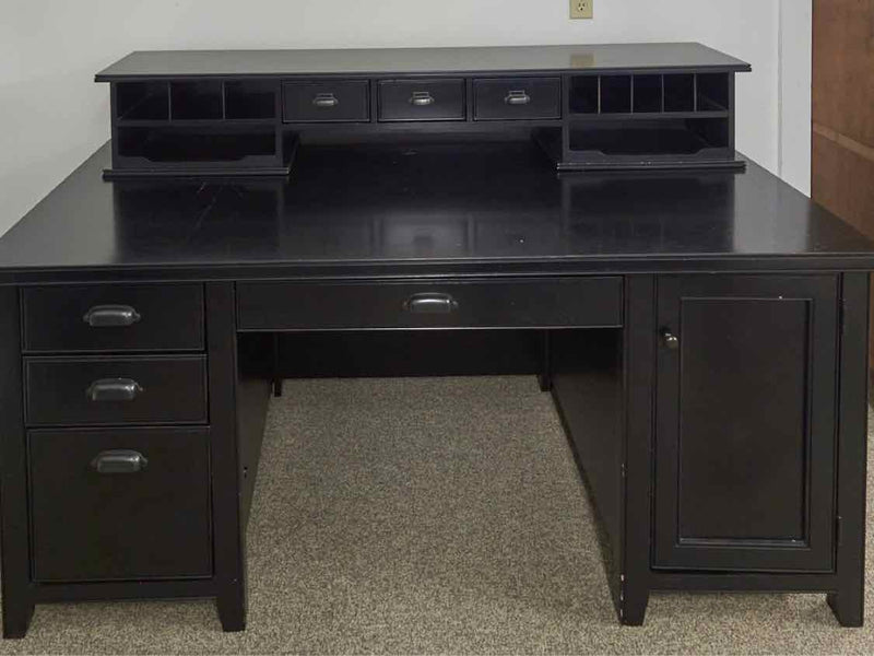 Black Double Pedestal Desk W/ Hutch Top Storage