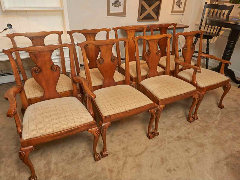 Set Of 8 Heneredon RL  Mahogany Dining Chairs With Mocha Latte  Plaid Upholstery