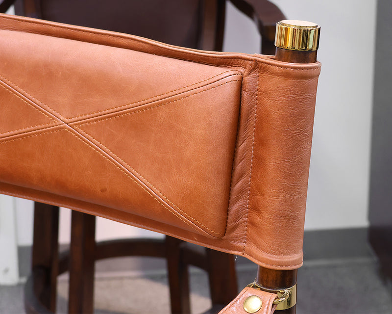 Pair of Frontgate Borneo Counter Stools in Brown Leather, Wood and Brass