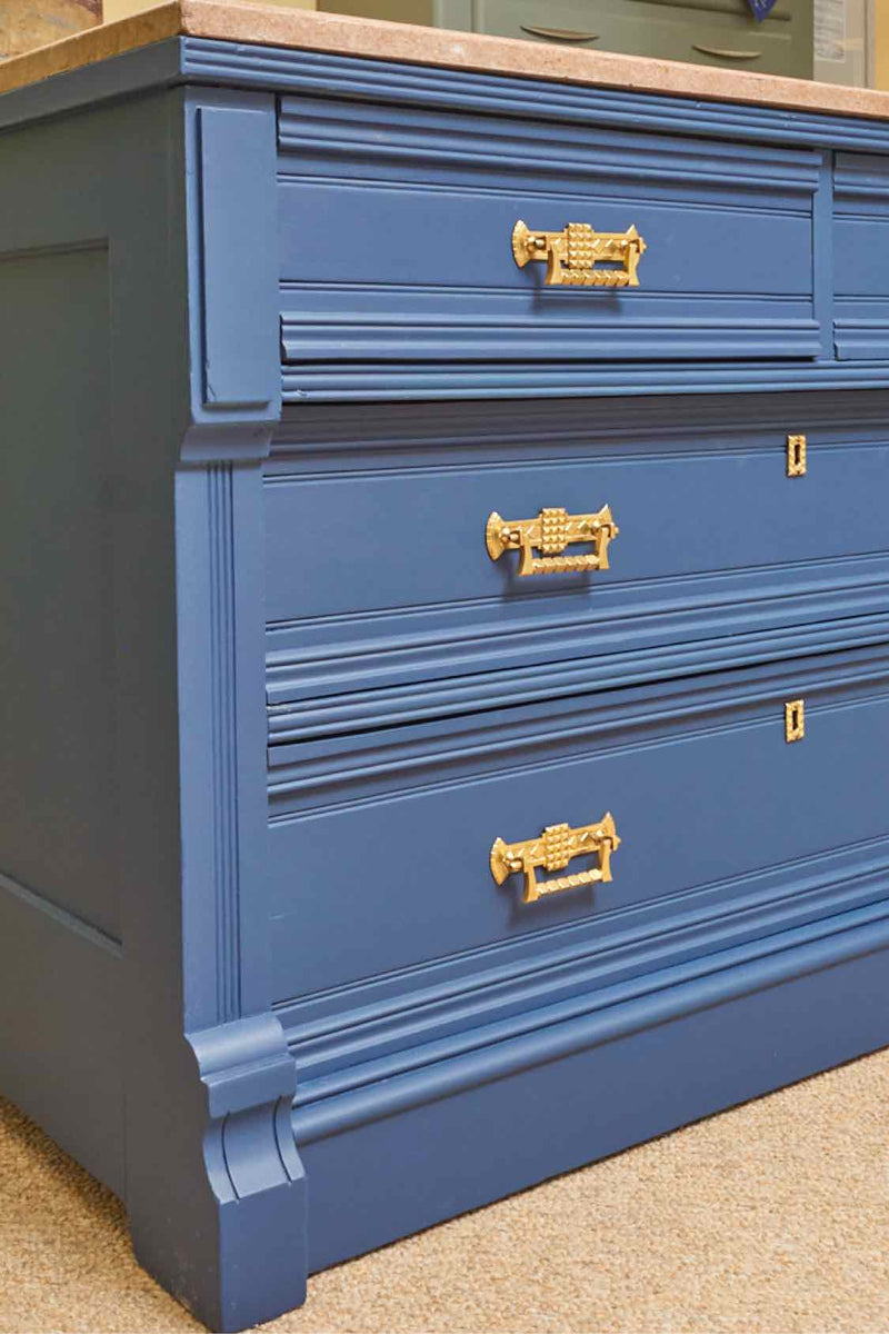 Pink Granite Top 'Delphinium Blue' 4 Drawer Solid Brass Handles Chest