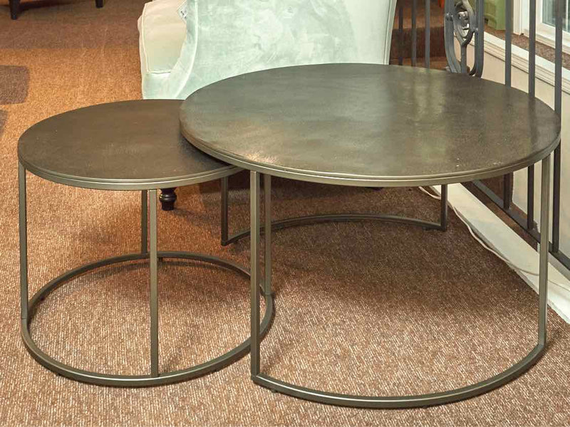 Pair Of Crate & Barrel 'Duke' Round  Bronze  Nesting Cocktail Tables