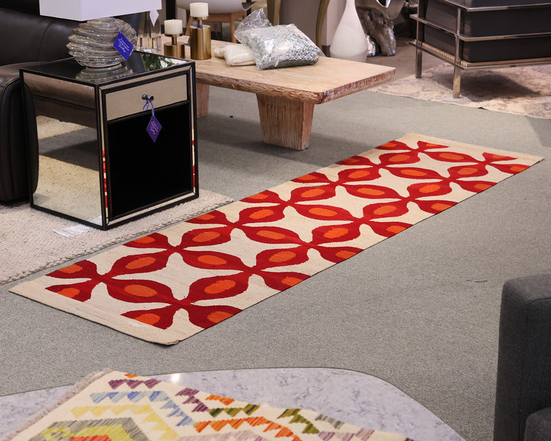 Dhoku Flat Weave Turkish Runner in Oatmeal, Red and Coral