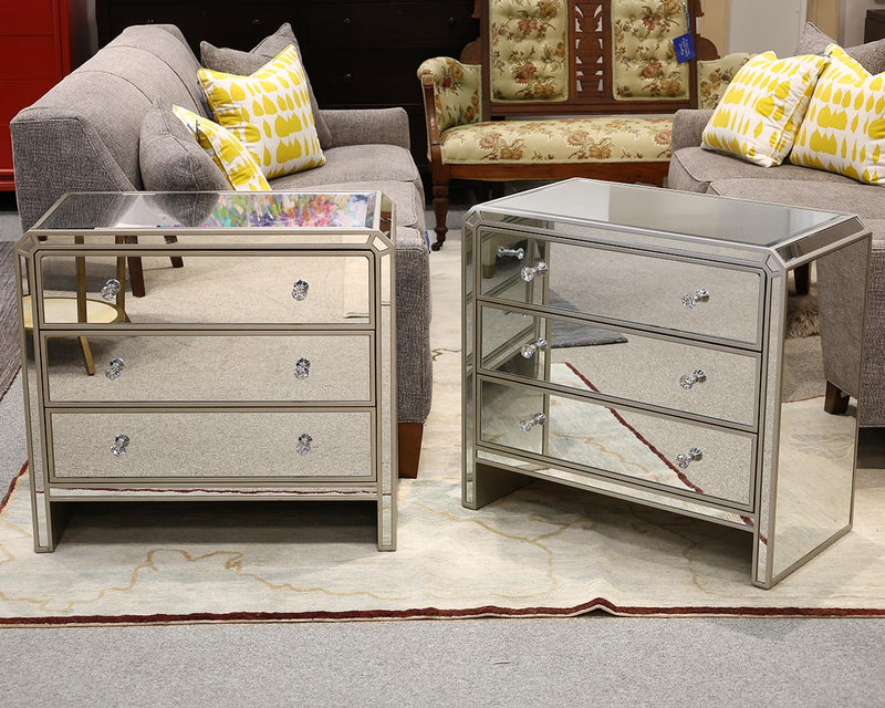 Pair of Mirrored 3 Drawer Nightstands with Crystal  Knobs