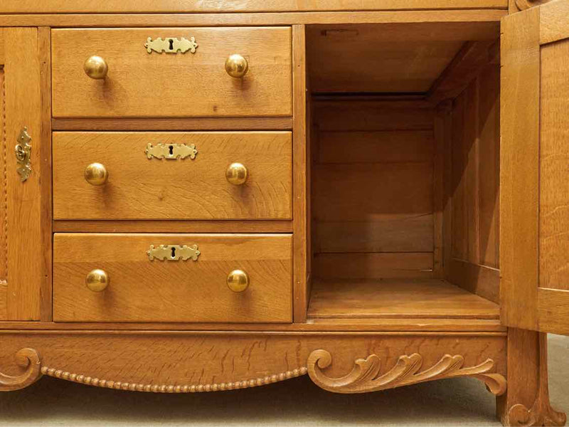 Oak Circa 1880  4 Drawer 2 Door Carved Accents Solid Brass Hardware Sideboard