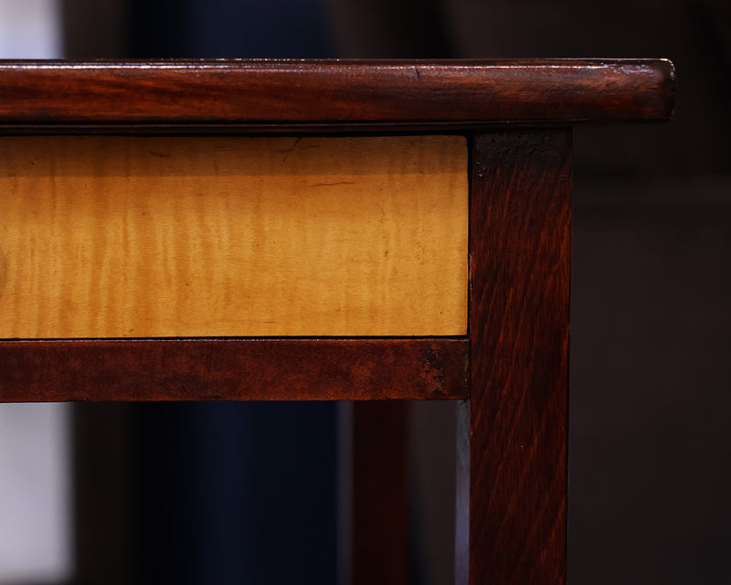 Brown Mahogany Side Table with Tiger Maple Inlay on Drawer Front