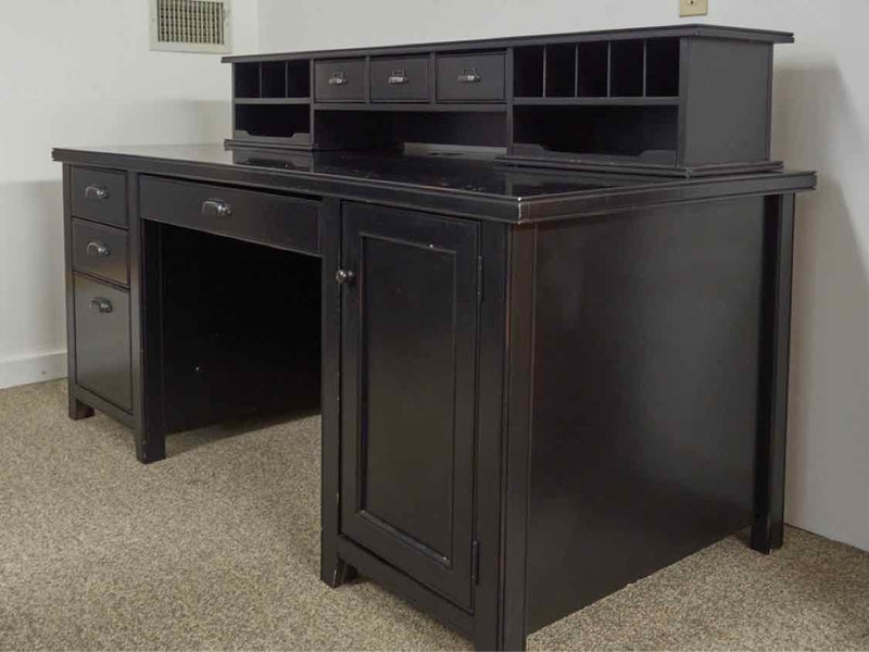 Black Double Pedestal Desk W/ Hutch Top Storage