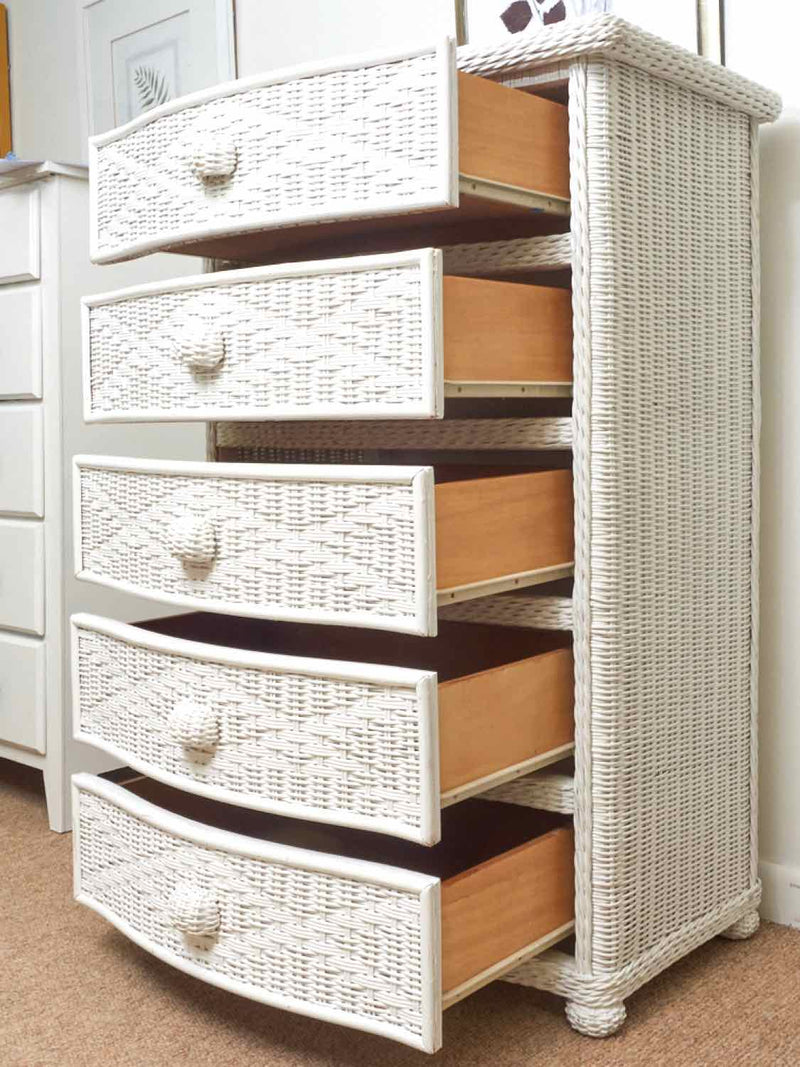 White Wicker (5) Drawer Chest