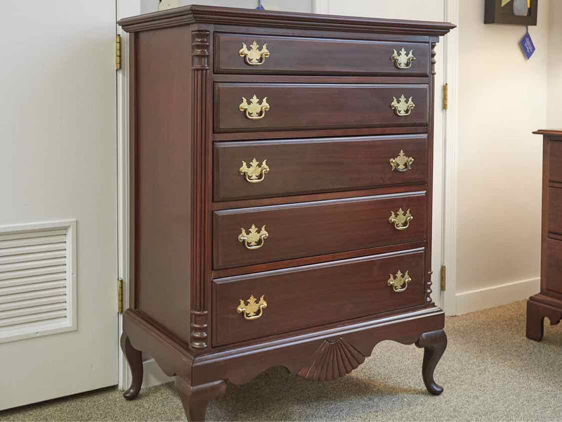 Mahogany 5 Drawer Chest with Column Ssides & Chippendale Brass Hardware