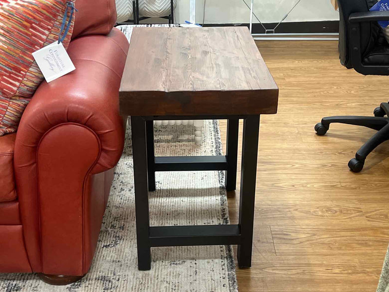 Wood Top Side Table on Black Metal Base