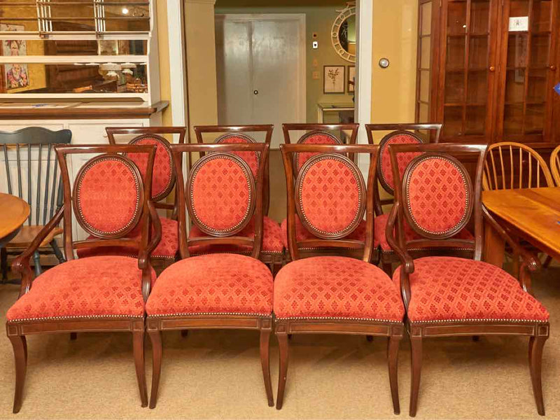 Set of 8 Antique Walnut Finish Dining Chairs with Red Upholstery