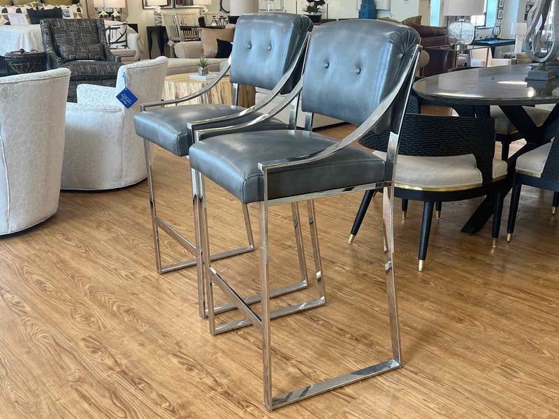 Pair of Sunpan Grey Leather Barstools