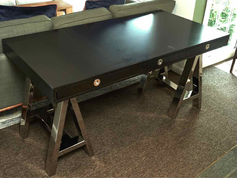 Williams Sonoma Home  Black Laminate 3 Drawer Desk On Chrome Sawhorse Legs