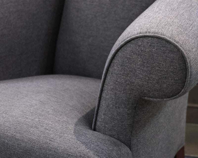 Tightback Roll-arm Chair in Dark Grey Heather on Mahogany Legs