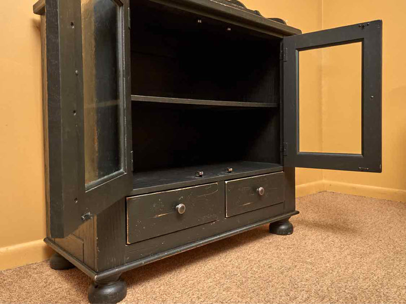 Distressed Black Finish 4 Drawer 2 Glass Front Door  Cabinet