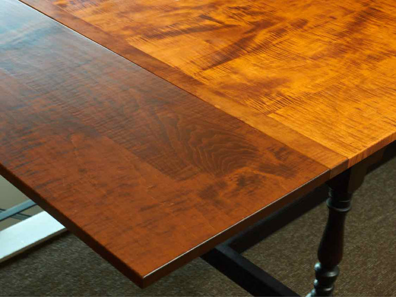 Tiger Maple Top Black Turned Legs 2 14" Leaves Dining Table