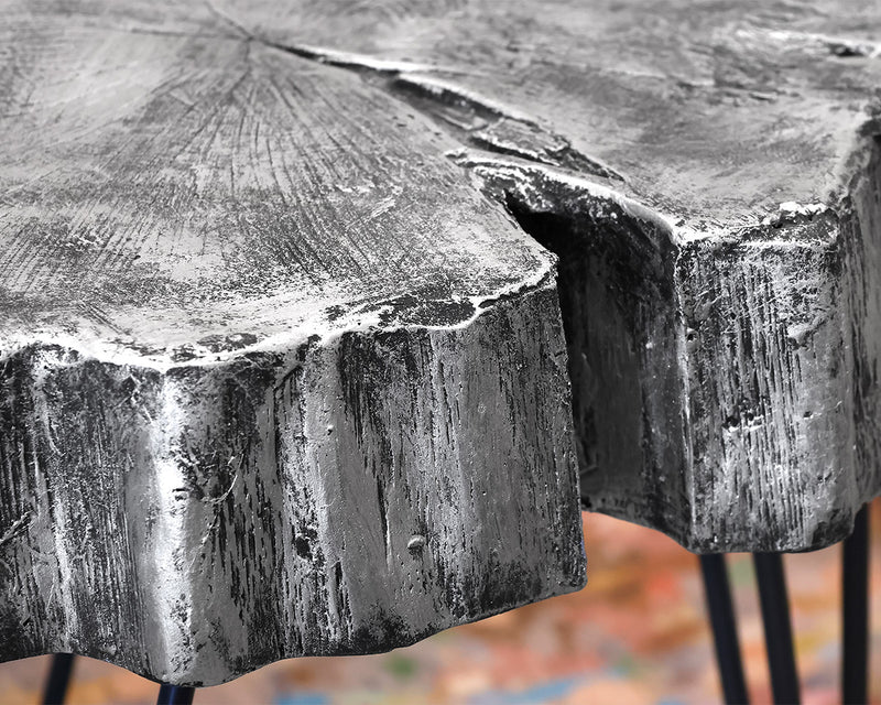 Faux Wood Slab Side Table in Dark Silver Finish on Hairpin Legs