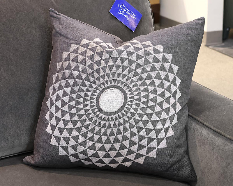 Charcoal Grey Pillow with Embroidered Mandala & Velvet Back