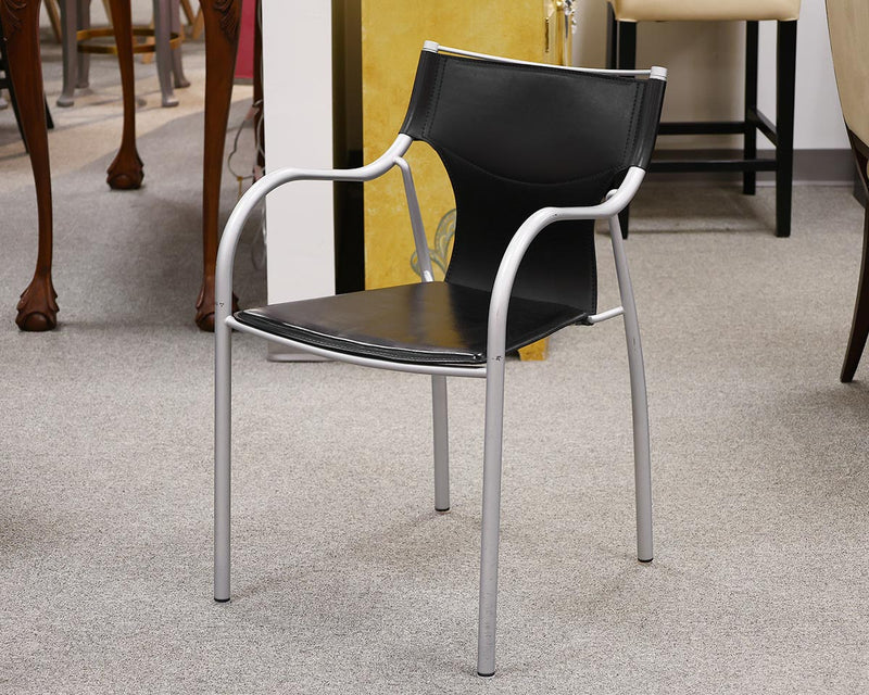 Dining Arm Chair in Black Leather on Brushed Chrome Frame