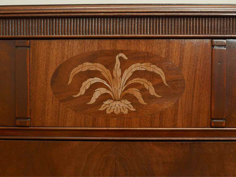 Walnut 5 Drawer With Brass Handles & Inlay Feather Accent  Chest