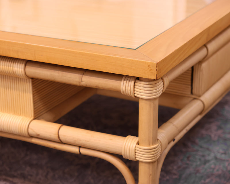 Rattan Glass Topped Cocktail Table. 2 Drawers