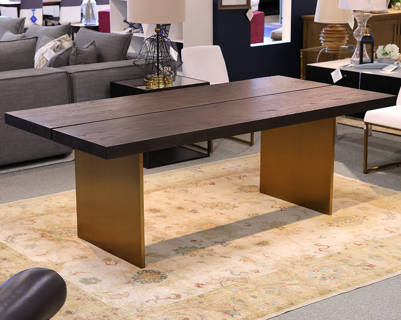 RH Channel Rectagular Dining Table in Brown Oak and Burnished Brass