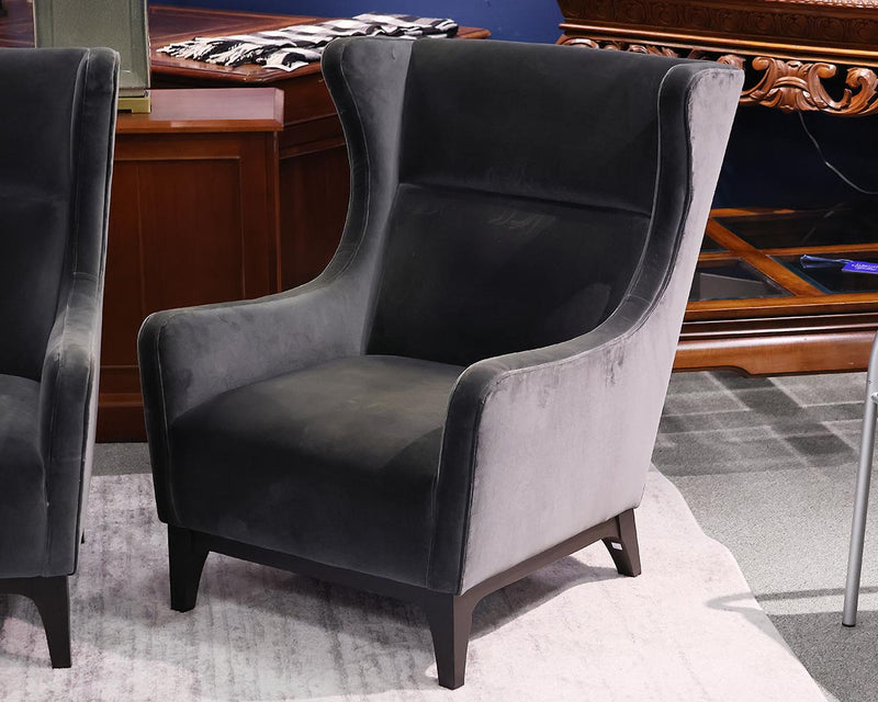 Pair of Room & Board Transitional Vance Wing Chairs in Charcoal Grey Velvet