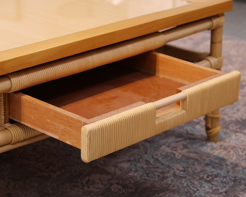 Rattan Glass Topped Cocktail Table. 2 Drawers