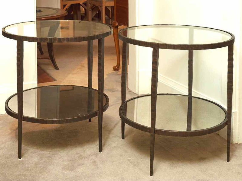 Pair Of Crate & Barrel 'Clairmont' Glass Top Forged Metal Side Tables