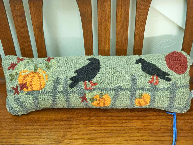 'Harvest Moon' Pair Of Crows Perched on Fence Wool  Hooked Accent Pillow