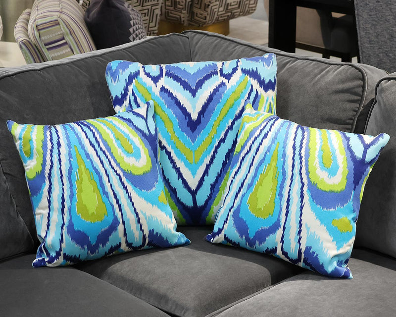 Set of 3 Schumacher Accent Pillows in Blue & Chartreuse Ikat