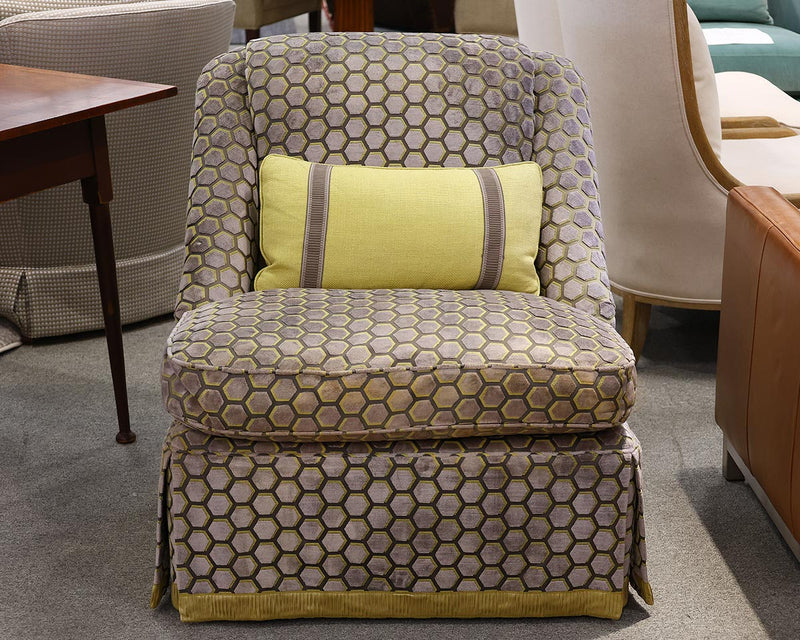 Custom Skirted Slipper Chair in Grey and Yellow Honeycomb Velvet