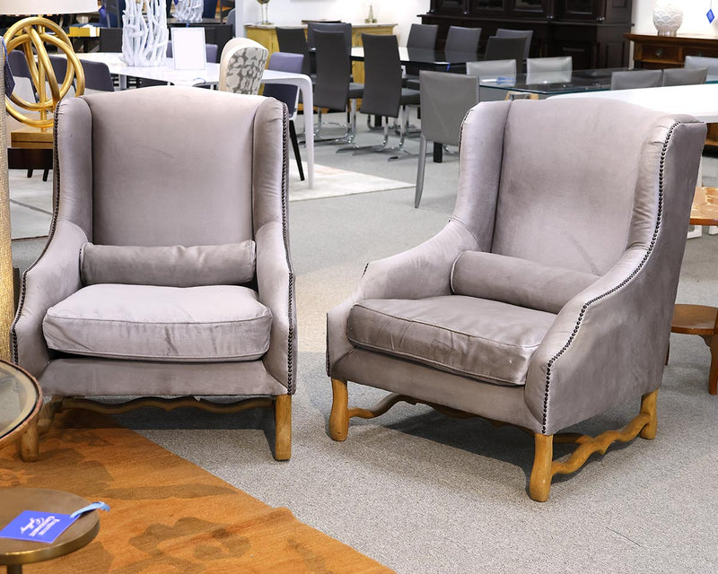 Pair of RH 17th French Upholstered Wing Chairs in Fog Velvet