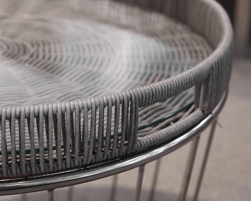 Outdoor Accent Table in Chrome & Teak with Wicker Tray Top