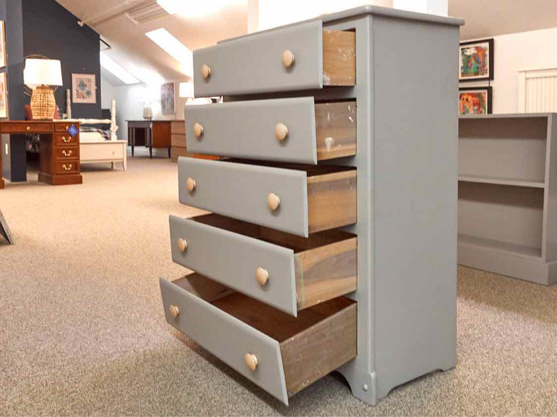 Grey Finish 5 Drawer Chest with Yellow Knobs