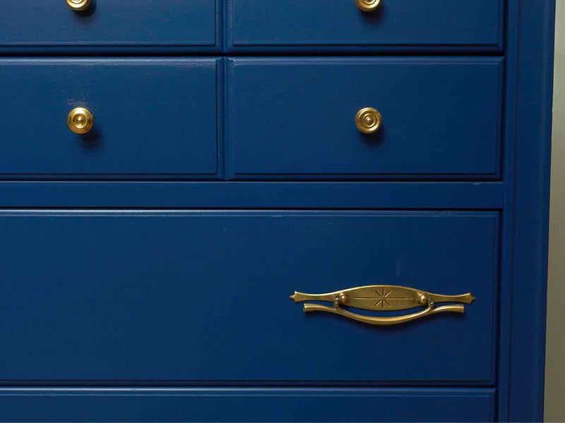 ''Royal  Blue' Finish 5 Drawer Brass Handles Chest