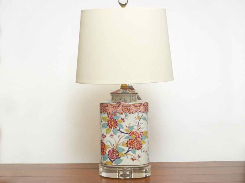 Oval Floral Table Lamp with Oval Off-White Shade