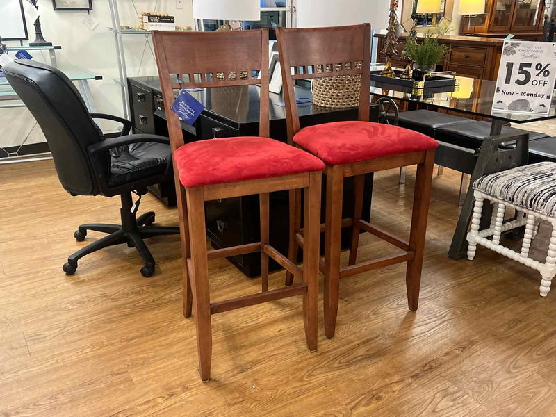 Set of 2 Wood Frame Bar Stools w/ Red Microsuede Upholstery