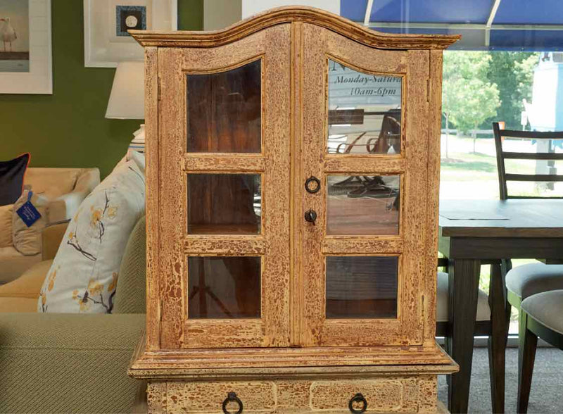 Antiqued Crackel Finish Display Cabinet  with Bonnet Top