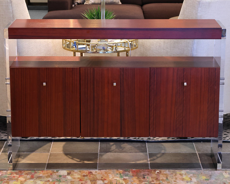 Mitchell Gold + Bob Williams Mahogany Storage Console.  Glass and Chrome Accents