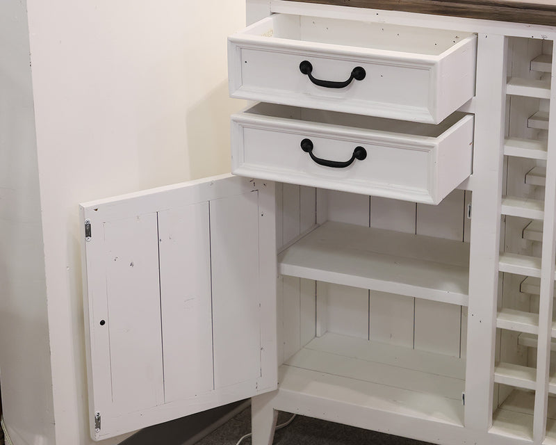 White Wine Cabinet with Grey Top and Black Pulls