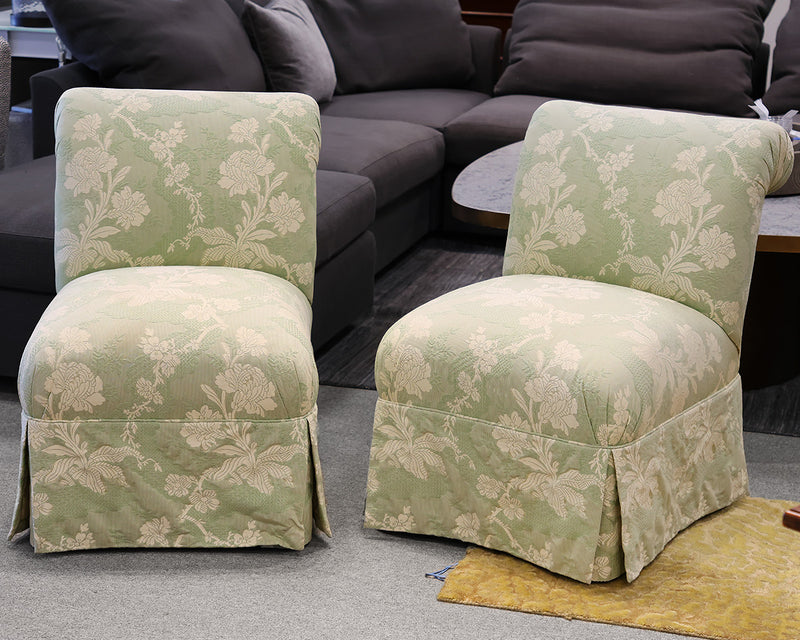 Pair of Custom Skirted Slipper Chairs in Pale Green & Cream Floral Damask