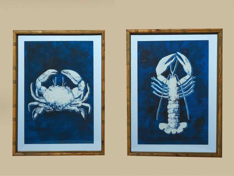 Pair Of Lobster & Crab Matted  Print In Natural Wooden Frame