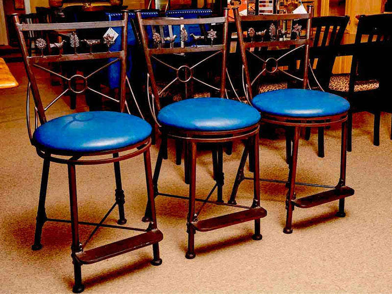 Set of 3 Wrought Iron Folk Art Design Counter Swivel  Stools