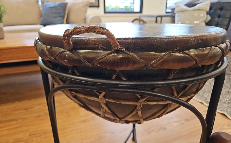 Round Leather Tribal Side Table