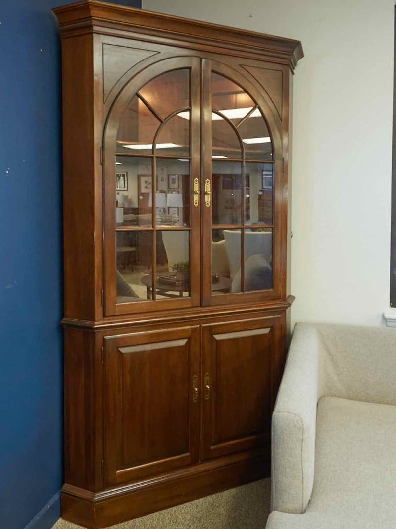 Mahogany Stain Corner Cabinet with Arch Pane Doors & Wood Doors