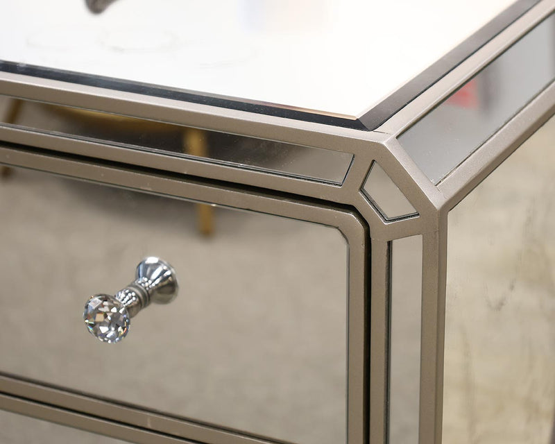 Pair of Mirrored 3 Drawer Nightstands with Crystal  Knobs