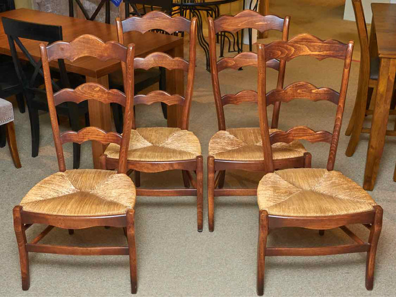 Set of 4 Chestnut Stained Ladderback Dining Chairs with Rush Seats