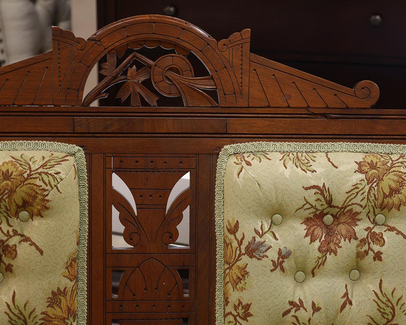 Eastlake Carved Mahogany Loveseat with Sage & Rust Floral Upholstery