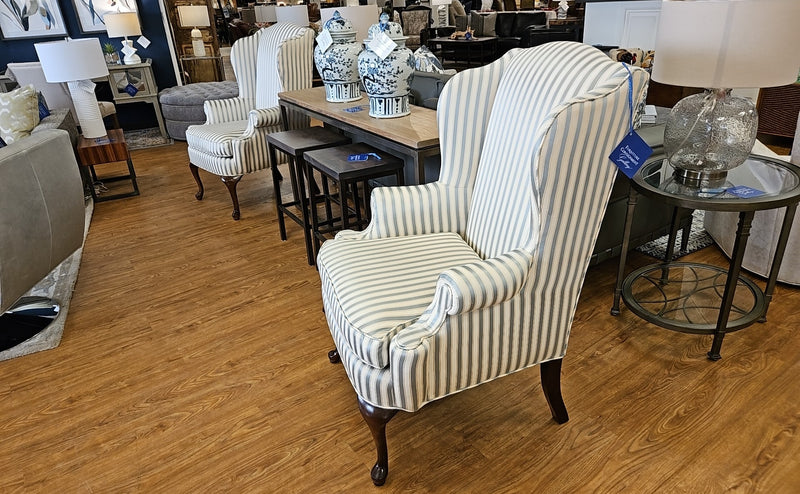 Pair of  Striped Queen Anne Wingback Chairs