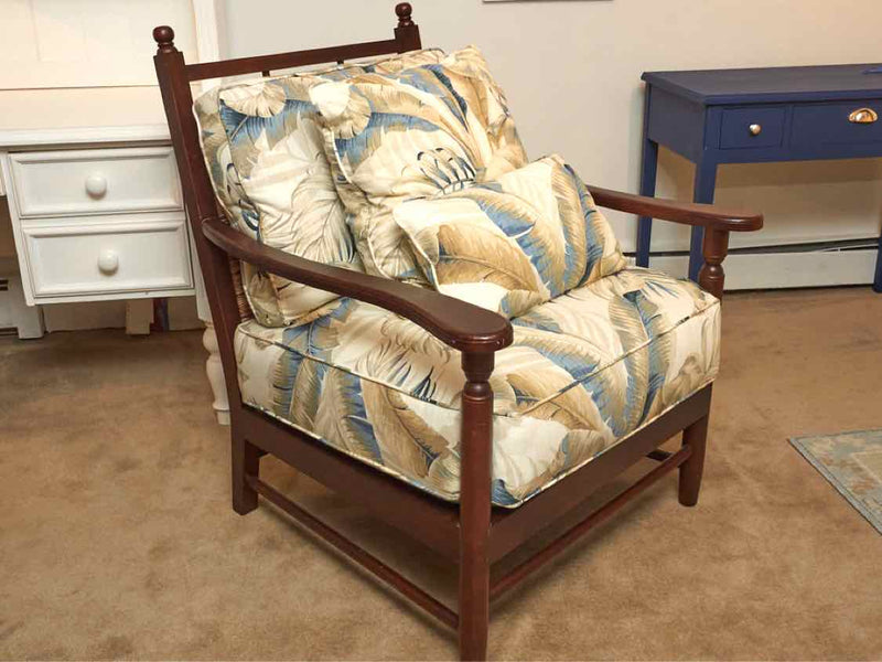 Miles Talbott  Woven Back Wood Arm Chair With Custom Upholstery & Toss Pillows